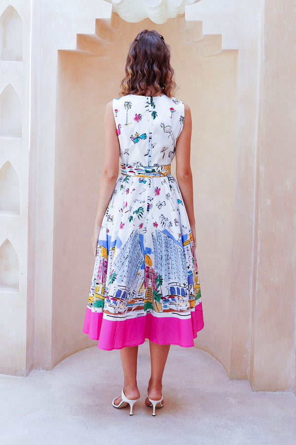 Abelia Dress Crew Neck Sleeveless Midi Length Cotton Stretch (Monaco White)