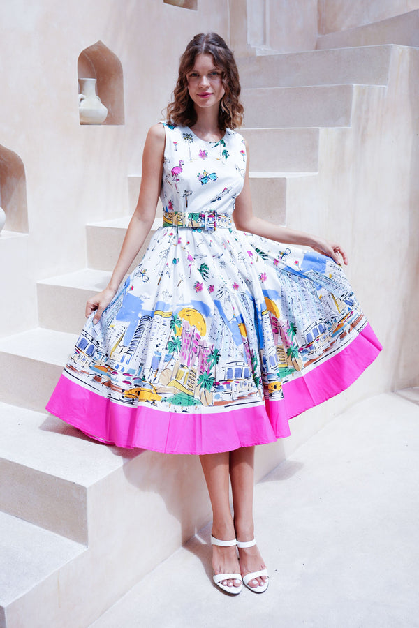 Abelia Dress Crew Neck Sleeveless Midi Length Cotton Stretch (Monaco White)