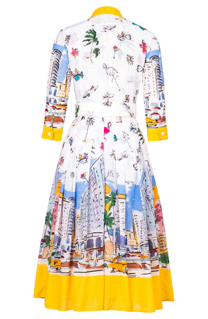 Audrey Dress #4 Shirt Collar 3/4 Sleeve Midi Length Cotton Musola (Monaco White)