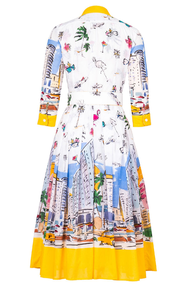 Audrey Dress #4 Shirt Collar 3/4 Sleeve Midi Length Cotton Musola (Monaco White)