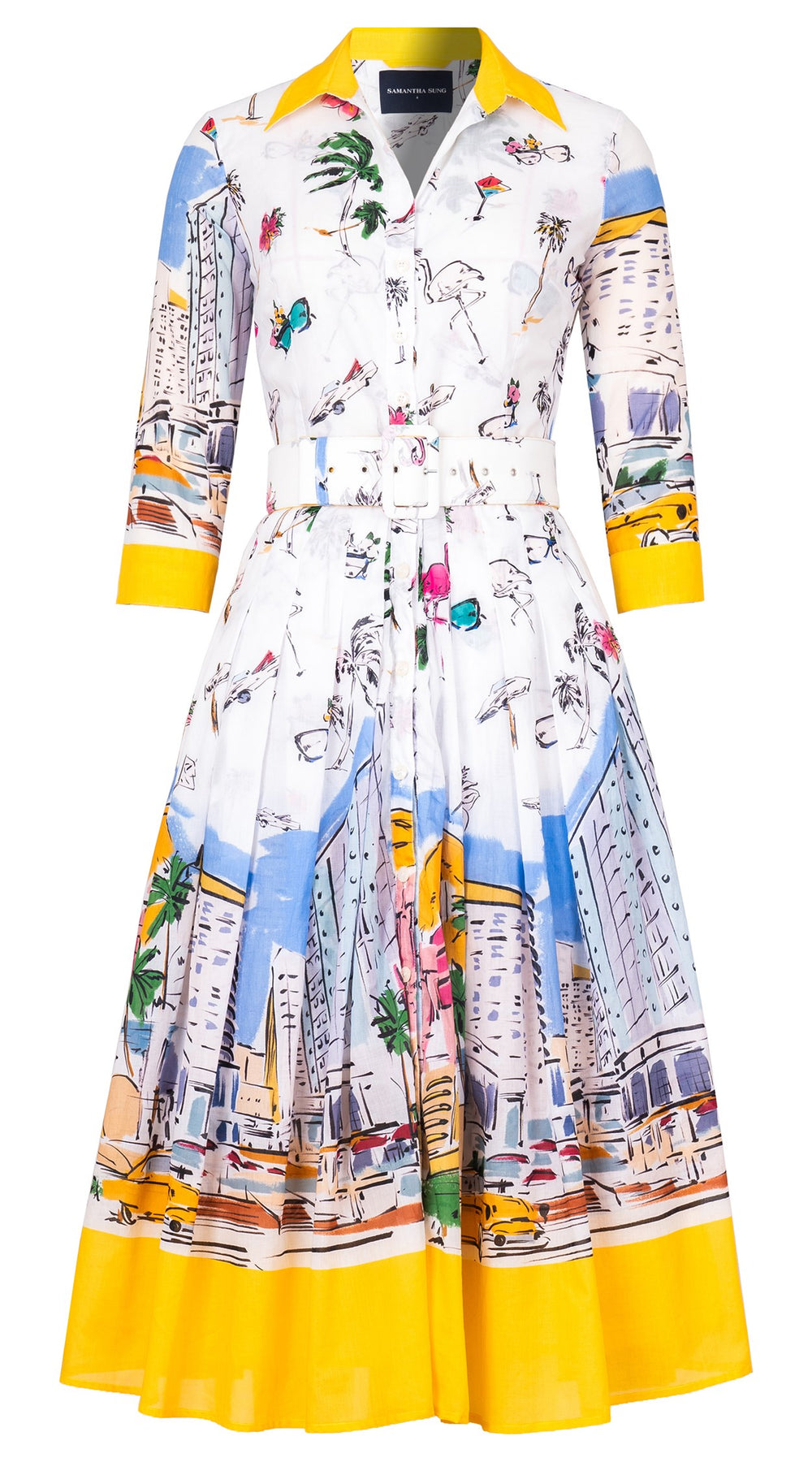 Audrey Dress #4 Shirt Collar 3/4 Sleeve Midi Length Cotton Musola (Monaco White)