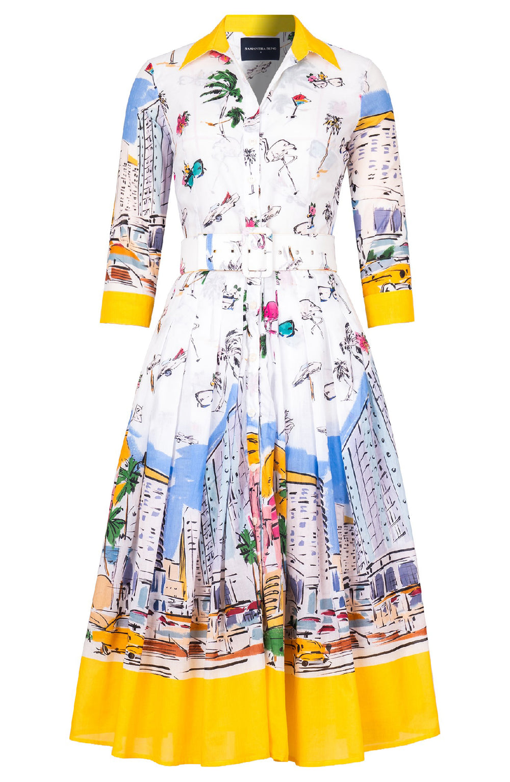 Audrey Dress #4 Shirt Collar 3/4 Sleeve Midi Length Cotton Musola (Monaco White)