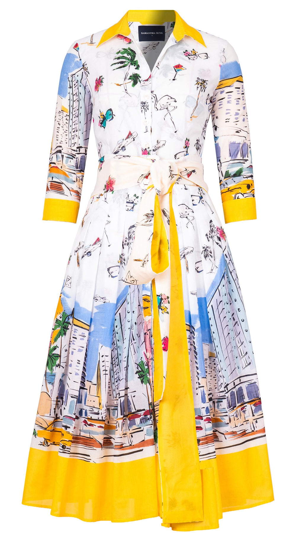 Audrey Dress #4 Shirt Collar 3/4 Sleeve Midi Length Cotton Musola (Monaco White)