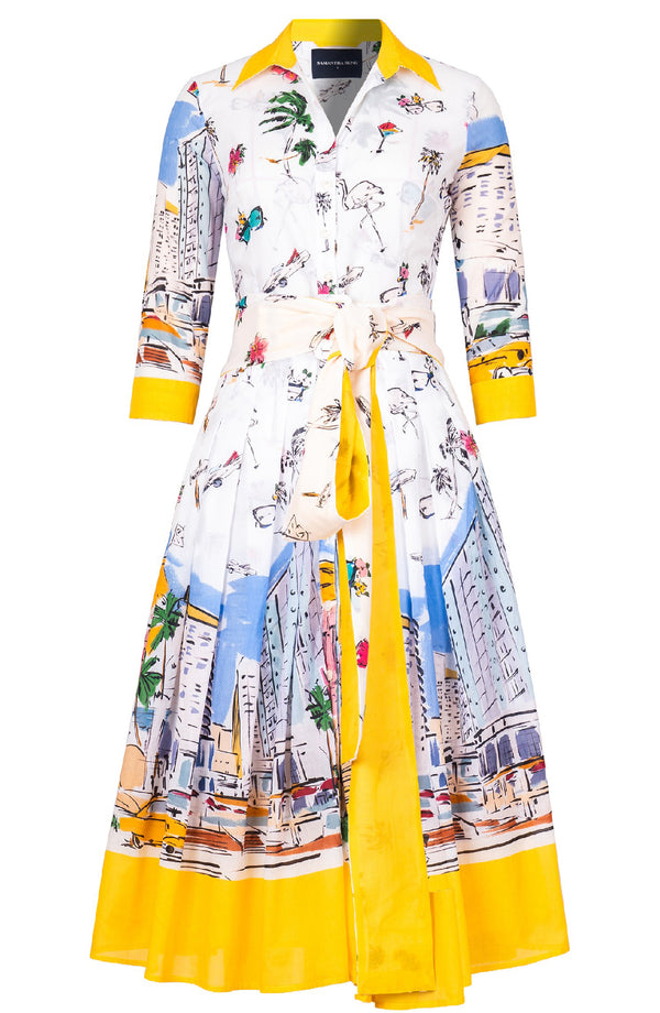 Audrey Dress #4 Shirt Collar 3/4 Sleeve Midi Length Cotton Musola (Monaco White)