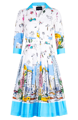 Audrey Dress #2 Shirt Collar 3/4 Sleeve Long Length Cotton Poplin (Monaco White)