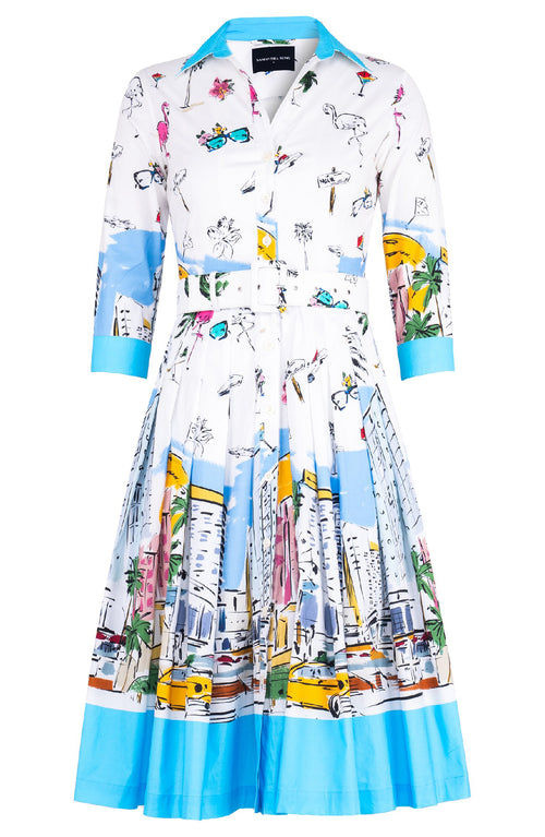 Audrey Dress #2 Shirt Collar 3/4 Sleeve Long Length Cotton Poplin (Monaco White)