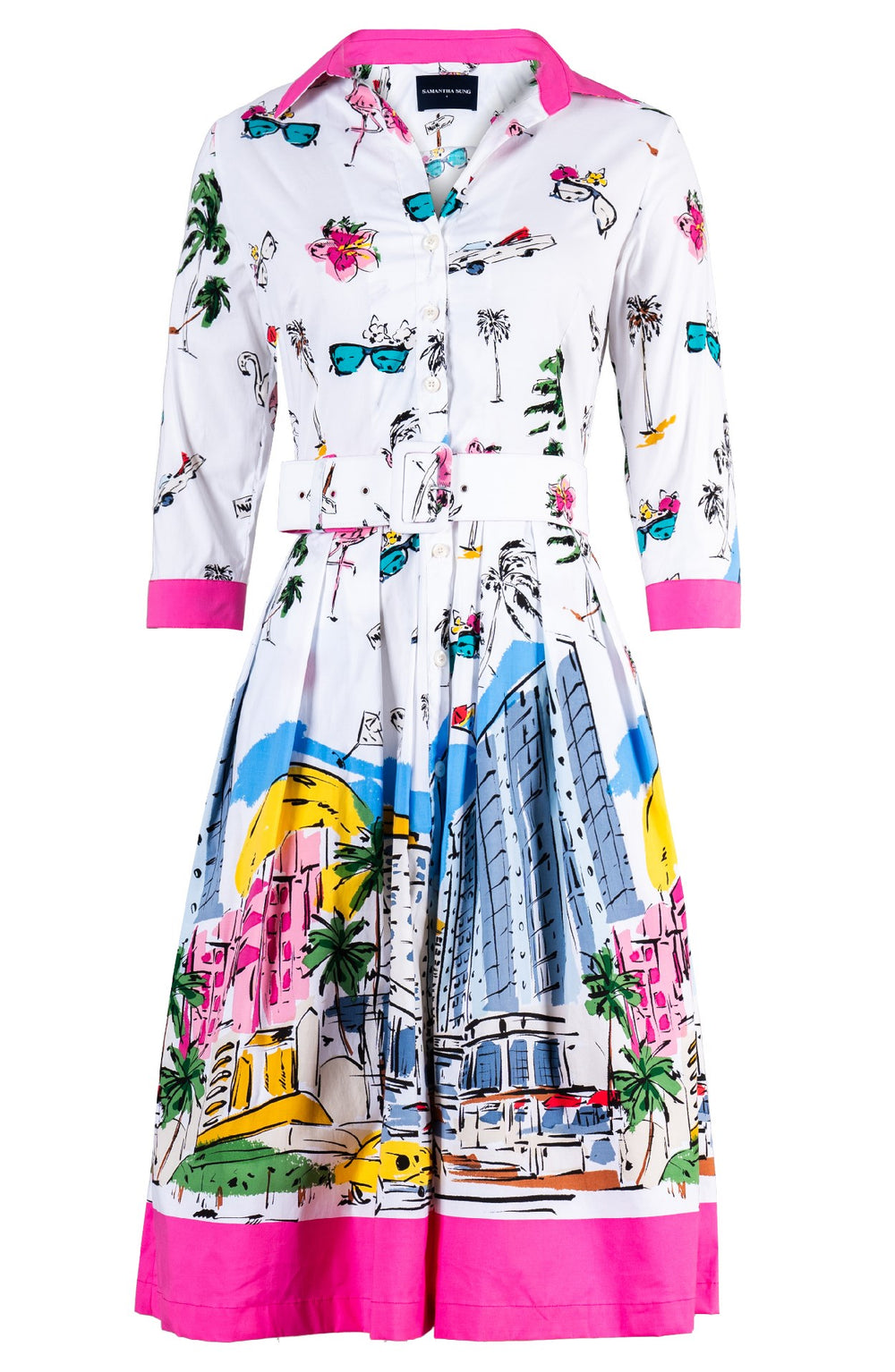 Audrey Dress #1 Shirt Collar 3/4 Sleeve Long Length Cotton Stretch (Monaco White)