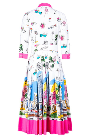 Audrey Dress #4 Shirt Collar 3/4 Sleeve Midi Length Cotton Stretch (Monaco White)