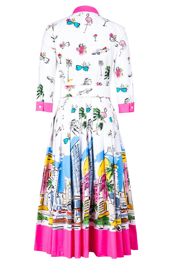 Audrey Dress #4 Shirt Collar 3/4 Sleeve Midi Length Cotton Stretch (Monaco White)