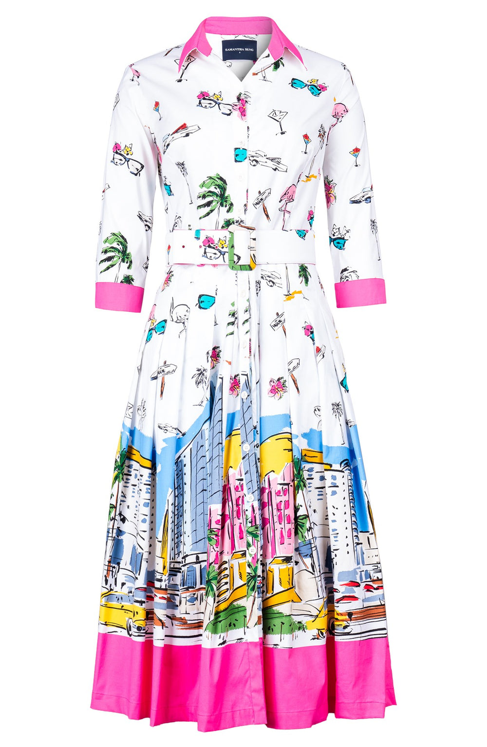 Audrey Dress #4 Shirt Collar 3/4 Sleeve Midi Length Cotton Stretch (Monaco White)