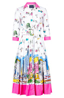 Audrey Dress #4 Shirt Collar 3/4 Sleeve Midi Length Cotton Stretch (Monaco White)