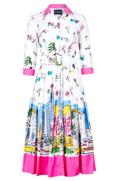 Audrey Dress #4 Shirt Collar 3/4 Sleeve Midi Length Cotton Stretch (Monaco White)