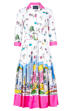 Audrey Dress #4 Shirt Collar 3/4 Sleeve Midi Length Cotton Stretch (Monaco White)