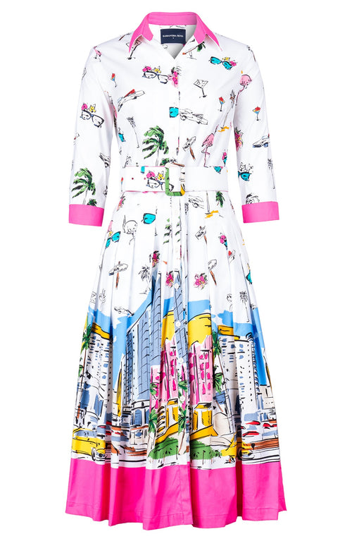 Audrey Dress #4 Shirt Collar 3/4 Sleeve Midi Length Cotton Stretch (Monaco White)