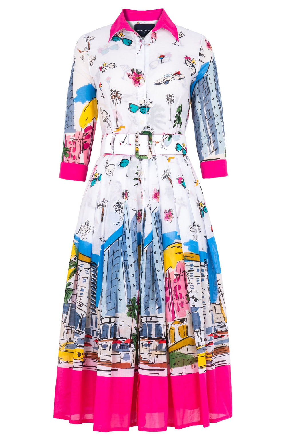 Audrey Dress #4 Shirt Collar 3/4 Sleeve Midi Length Cotton Musola (Monaco White)