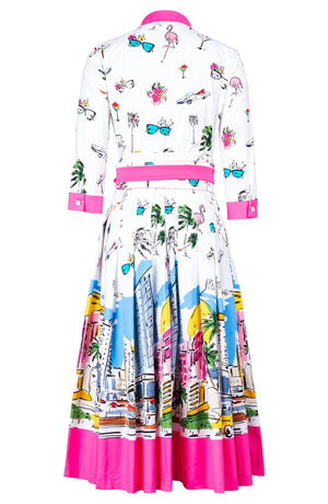 Audrey Dress #4 Shirt Collar 3/4 Sleeve Midi Length Cotton Stretch (Monaco White)