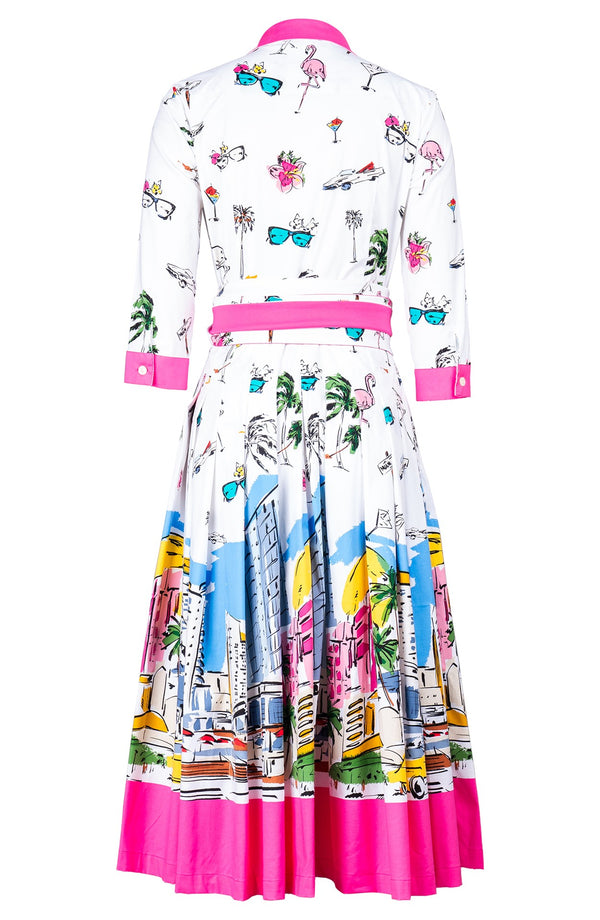 Audrey Dress #4 Shirt Collar 3/4 Sleeve Midi Length Cotton Stretch (Monaco White)