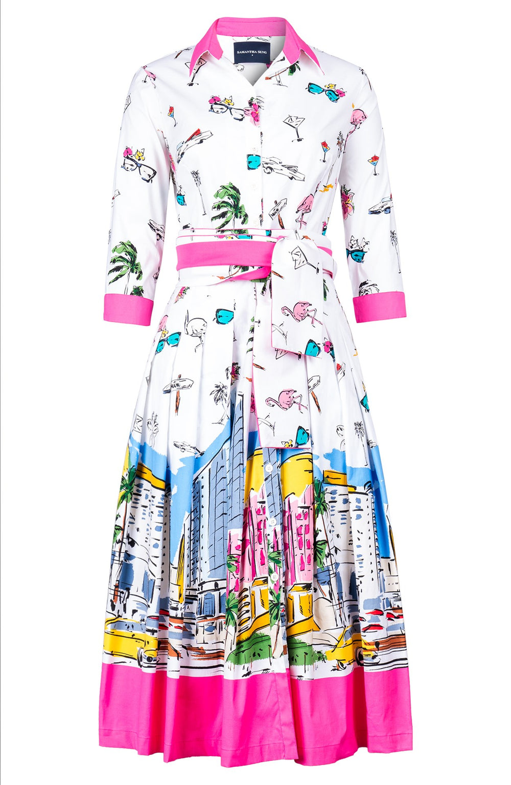 Audrey Dress #4 Shirt Collar 3/4 Sleeve Midi Length Cotton Stretch (Monaco White)