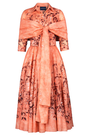 Aster Dress Shirt Collar 3/4 Sleeve Midi Plus Length Cotton Musola (Moonlit Botanica)