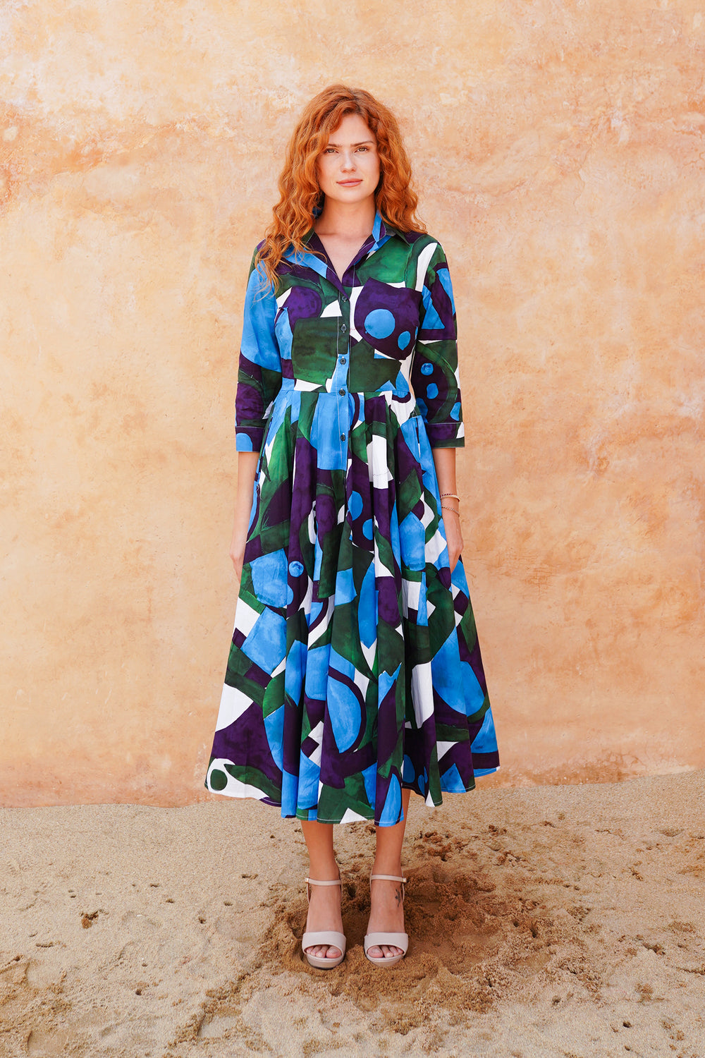 Laurent Dress Shirt Collar 3/4 Sleeve Midi Length Cotton Stretch (Morello Graphic Bright)