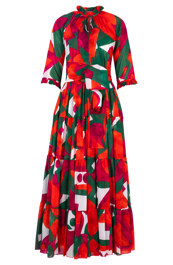 Eva Dress Crew Neck 3/4 Sleeve Maxi Length Cotton Musola (Morello Graphic Bright)
