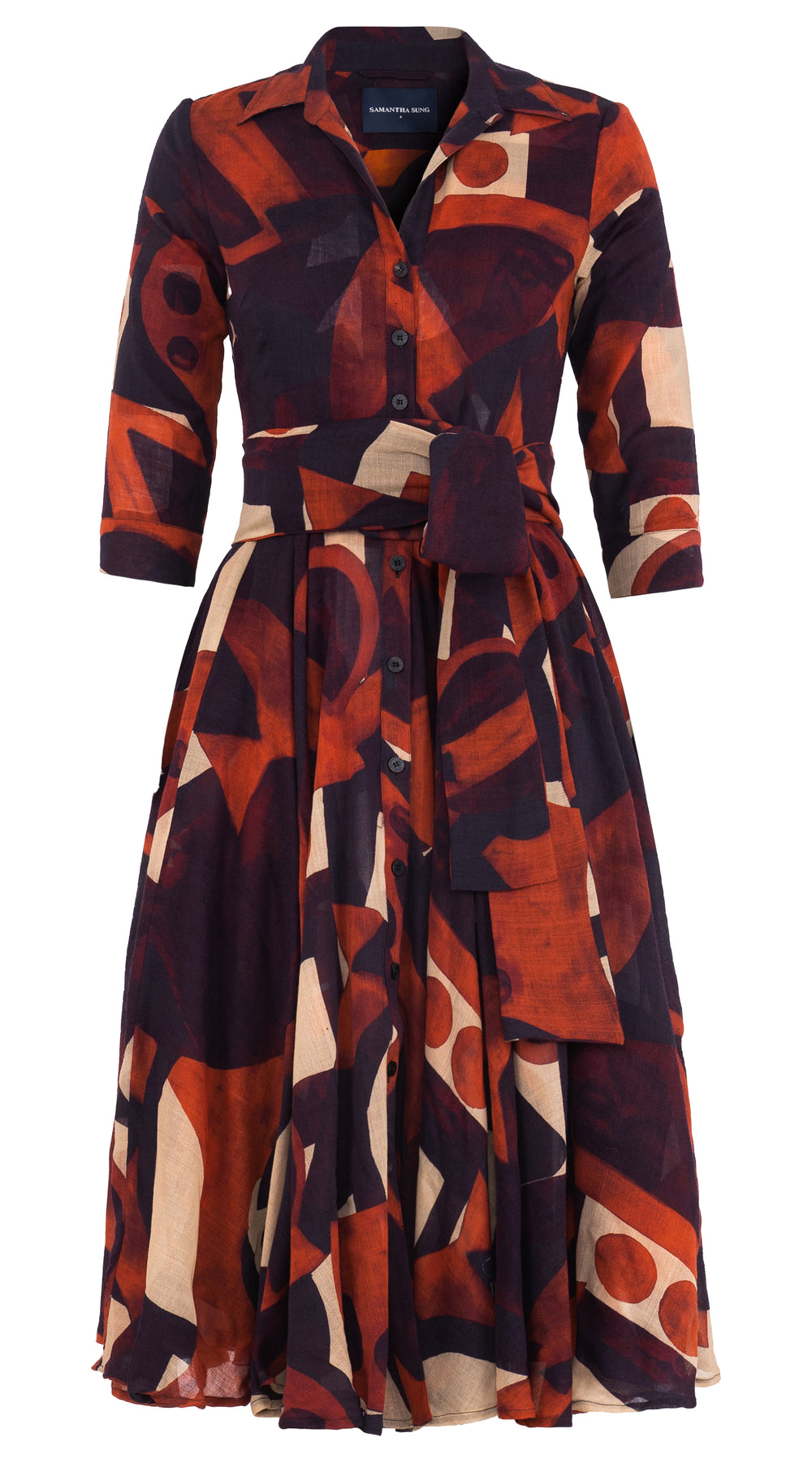 Aster Dress Shirt Collar 3/4 Sleeve Midi Length Wool (Morello Graphic Dark) - Red Sepia