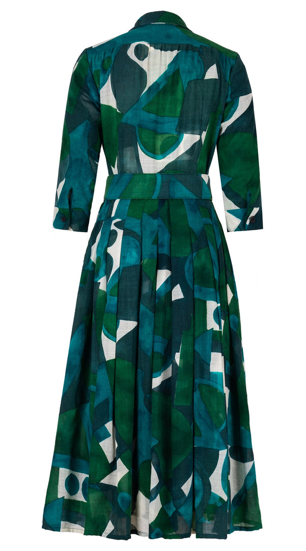 Audrey Dress #4 Shirt Collar 3/4 Sleeve Midi Length Wool Musola (Morello Graphic Dark) - Green Jade