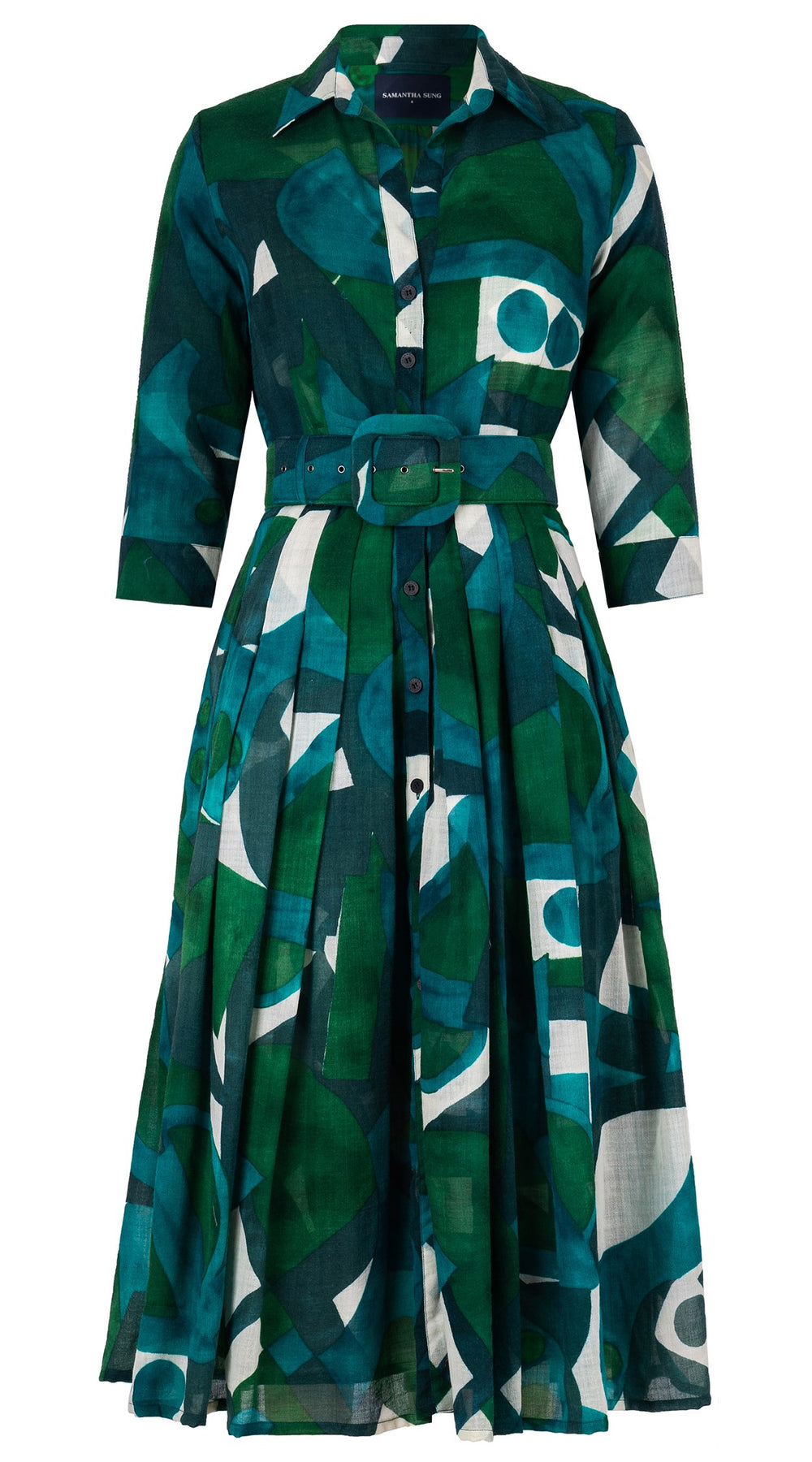 Audrey Dress #4 Shirt Collar 3/4 Sleeve Midi Length Wool Musola (Morello Graphic Dark) - Green Jade
