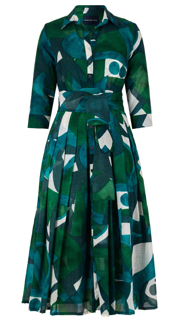 Audrey Dress #4 Shirt Collar 3/4 Sleeve Midi Length Wool Musola (Morello Graphic Dark) - Green Jade