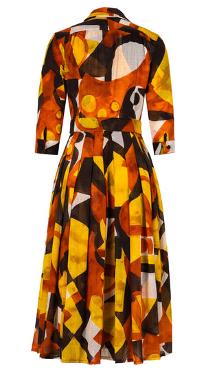 Audrey Dress #4 Shirt Collar 3/4 Sleeve Midi Length Wool Musola (Morello Graphic Dark) - Ivory Orange Sepia