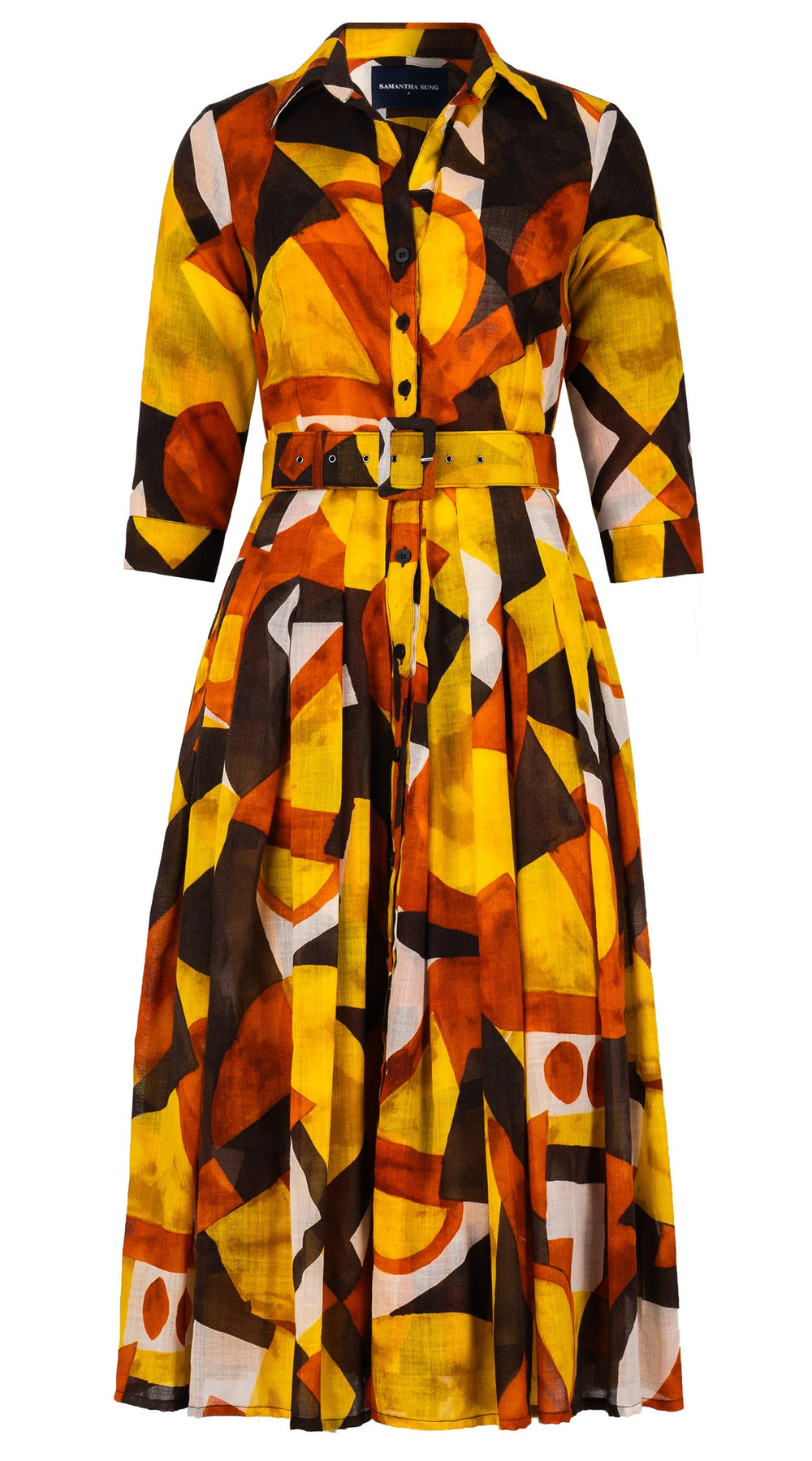 Audrey Dress #4 Shirt Collar 3/4 Sleeve Midi Length Wool Musola (Morello Graphic Dark) - Ivory Orange Sepia