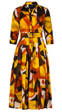 Audrey Dress #4 Shirt Collar 3/4 Sleeve Midi Length Wool Musola (Morello Graphic Dark) - Ivory Orange Sepia