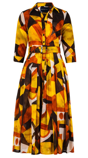 Audrey Dress #4 Shirt Collar 3/4 Sleeve Midi Length Wool Musola (Morello Graphic Dark) - Ivory Orange Sepia