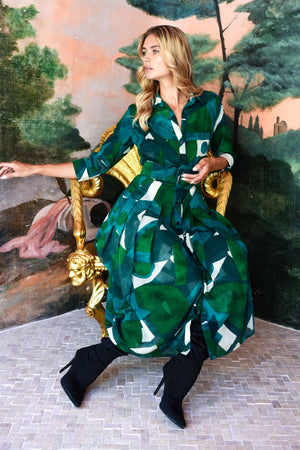 Audrey Dress #4 Shirt Collar 3/4 Sleeve Midi Length Wool (Morello Graphic Dark) - Green Jade