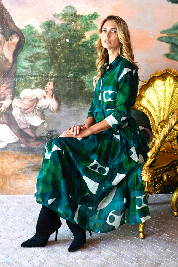 Audrey Dress #4 Shirt Collar 3/4 Sleeve Midi Length Wool (Morello Graphic Dark) - Green Jade