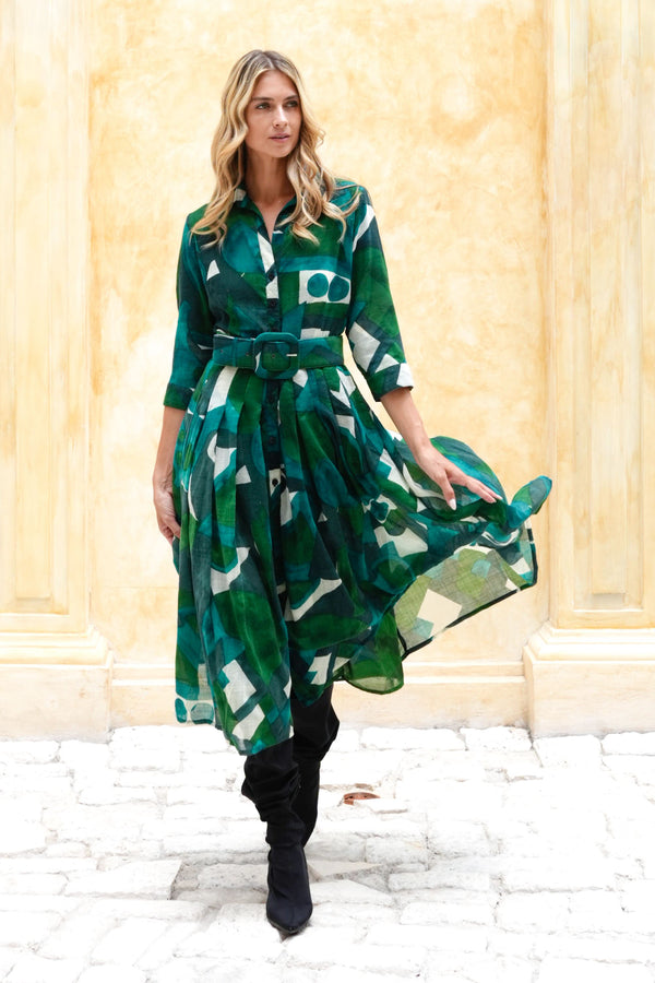 Audrey Dress #4 Shirt Collar 3/4 Sleeve Midi Length Wool (Morello Graphic Dark) - Green Jade