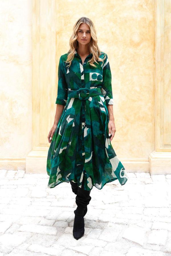 Audrey Dress #4 Shirt Collar 3/4 Sleeve Midi Length Wool (Morello Graphic Dark) - Green Jade