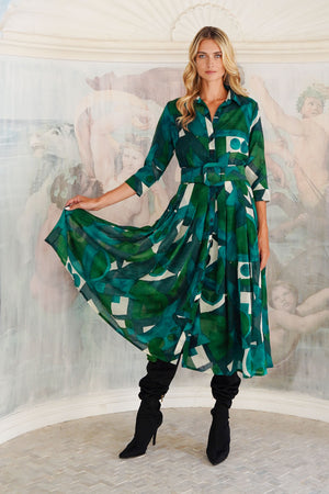Audrey Dress #4 Shirt Collar 3/4 Sleeve Midi Length Wool (Morello Graphic Dark) - Green Jade