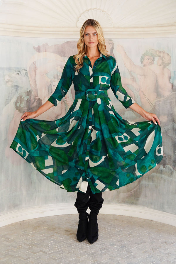 Audrey Dress #4 Shirt Collar 3/4 Sleeve Midi Length Wool (Morello Graphic Dark) - Green Jade
