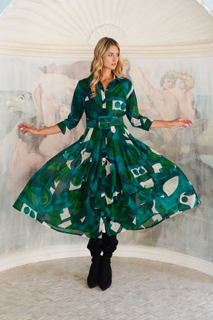 Audrey Dress #4 Shirt Collar 3/4 Sleeve Midi Length Wool (Morello Graphic Dark) - Green Jade