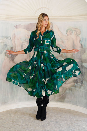 Audrey Dress #4 Shirt Collar 3/4 Sleeve Midi Length Wool (Morello Graphic Dark) - Green Jade