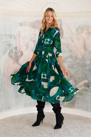 Audrey Dress #4 Shirt Collar 3/4 Sleeve Midi Length Wool (Morello Graphic Dark) - Green Jade