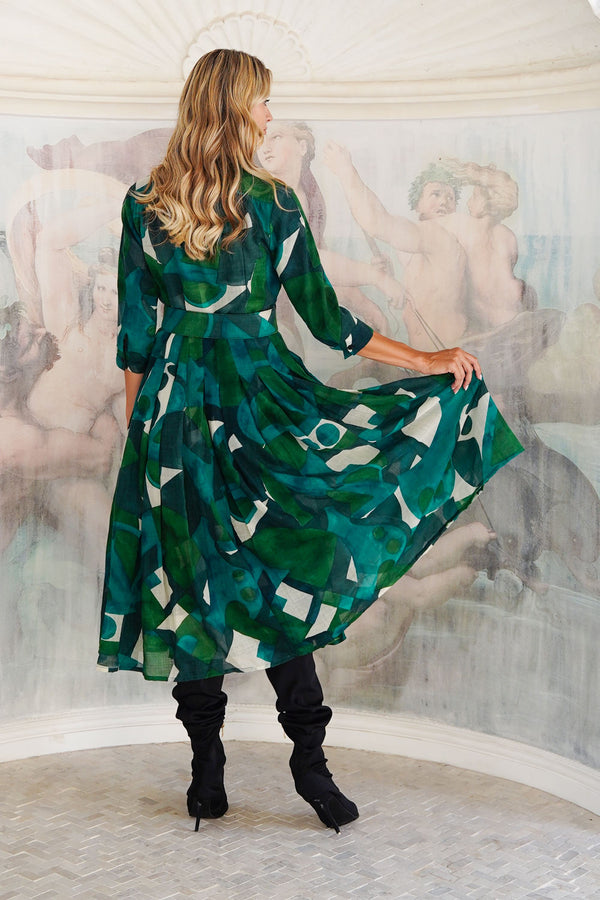 Audrey Dress #4 Shirt Collar 3/4 Sleeve Midi Length Wool (Morello Graphic Dark) - Green Jade