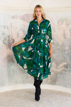 Audrey Dress #4 Shirt Collar 3/4 Sleeve Midi Length Wool (Morello Graphic Dark) - Green Jade
