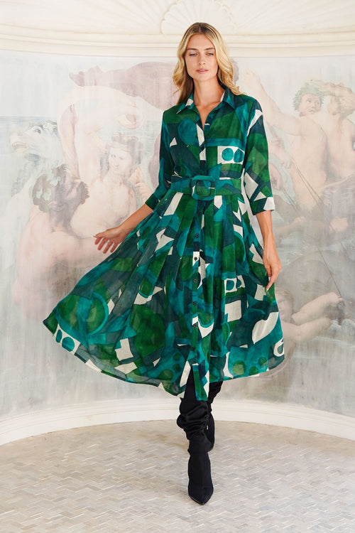 Audrey Dress #4 Shirt Collar 3/4 Sleeve Midi Length Wool (Morello Graphic Dark) - Green Jade