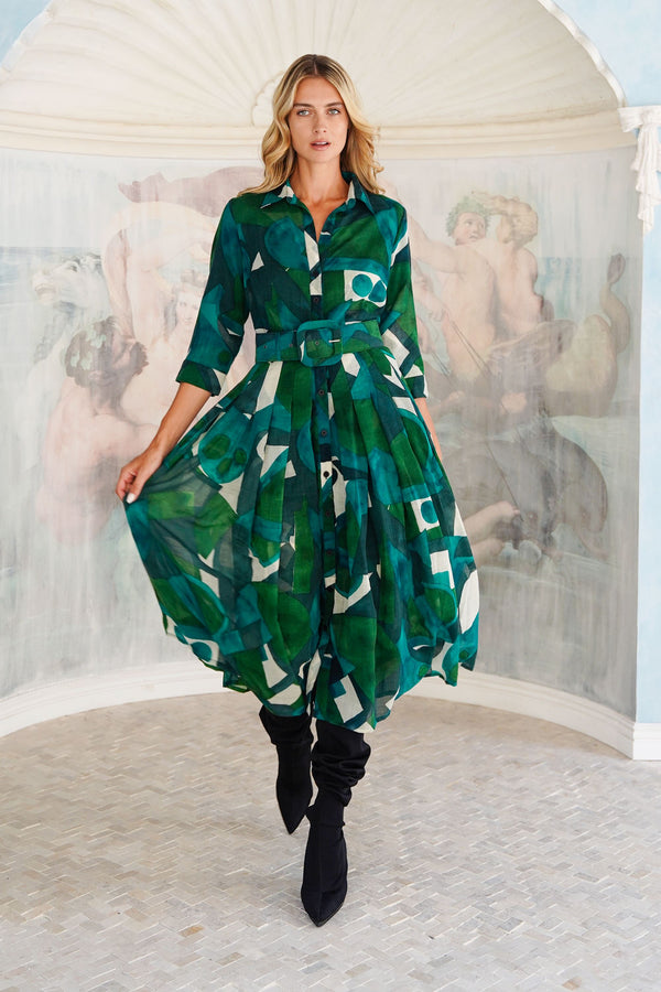 Audrey Dress #4 Shirt Collar 3/4 Sleeve Midi Length Wool (Morello Graphic Dark) - Green Jade