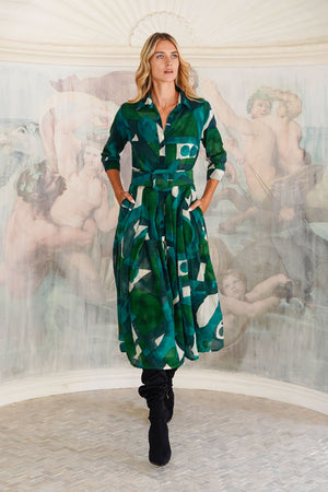Audrey Dress #4 Shirt Collar 3/4 Sleeve Midi Length Wool (Morello Graphic Dark) - Green Jade