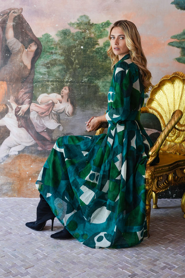 Audrey Dress #4 Shirt Collar 3/4 Sleeve Midi Length Wool (Morello Graphic Dark) - Green Jade