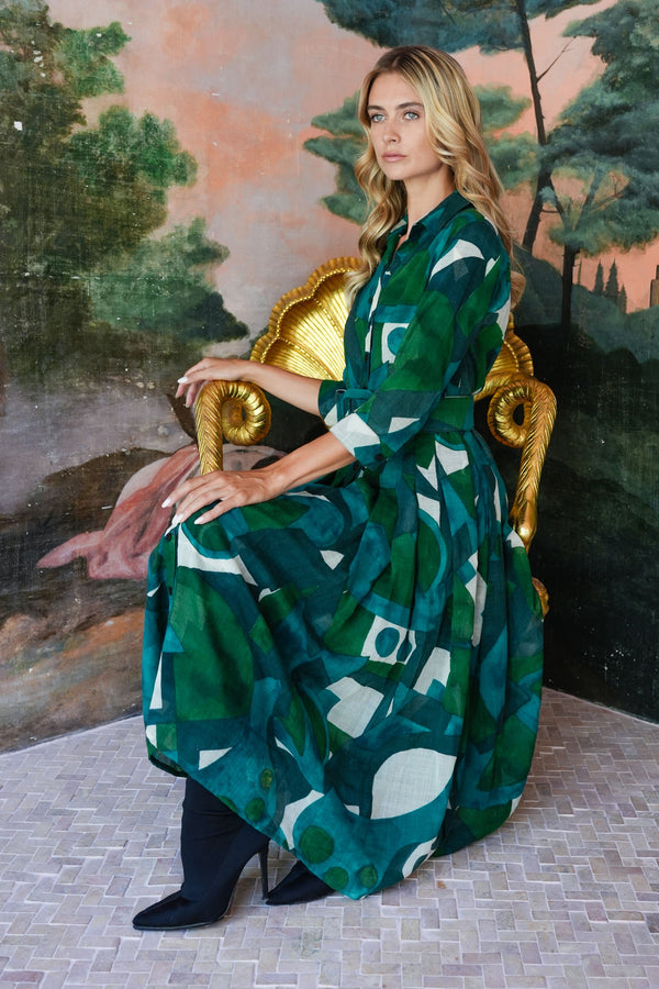 Audrey Dress #4 Shirt Collar 3/4 Sleeve Midi Length Wool (Morello Graphic Dark) - Green Jade