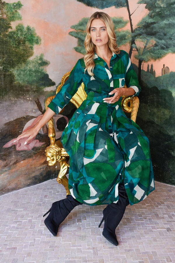 Audrey Dress #4 Shirt Collar 3/4 Sleeve Midi Length Wool (Morello Graphic Dark) - Green Jade